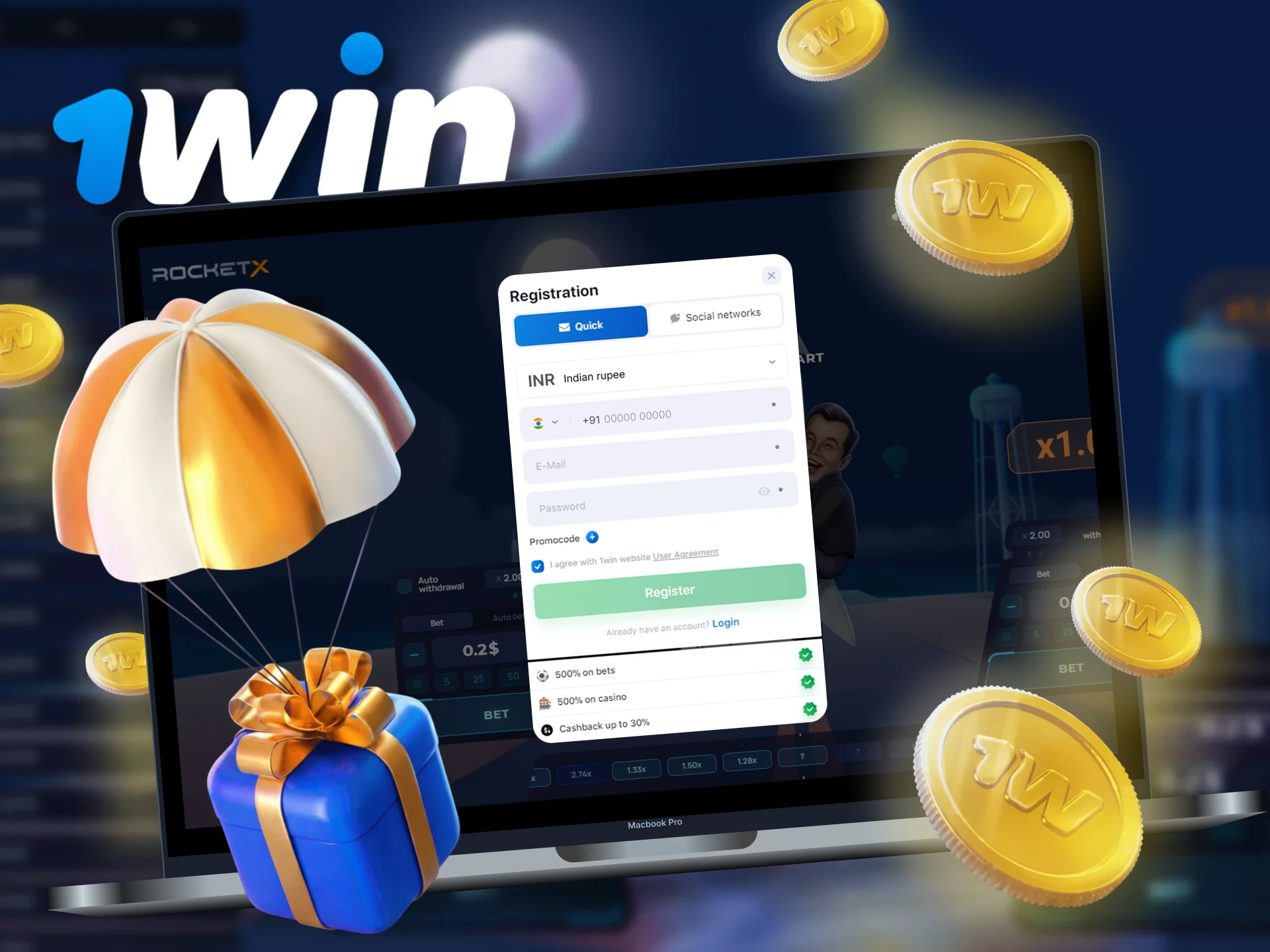 Use a special promo code when registering for a successful and profitable game at Rocket X at 1win.