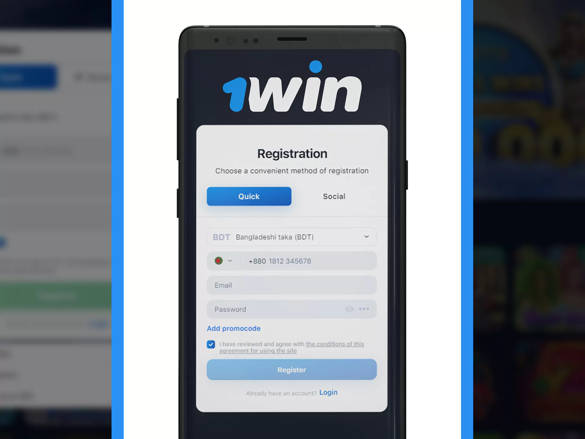 Register quicker with the 1win app.