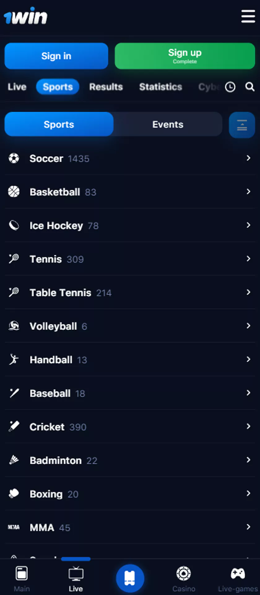 1win app sports betting section screenshot.