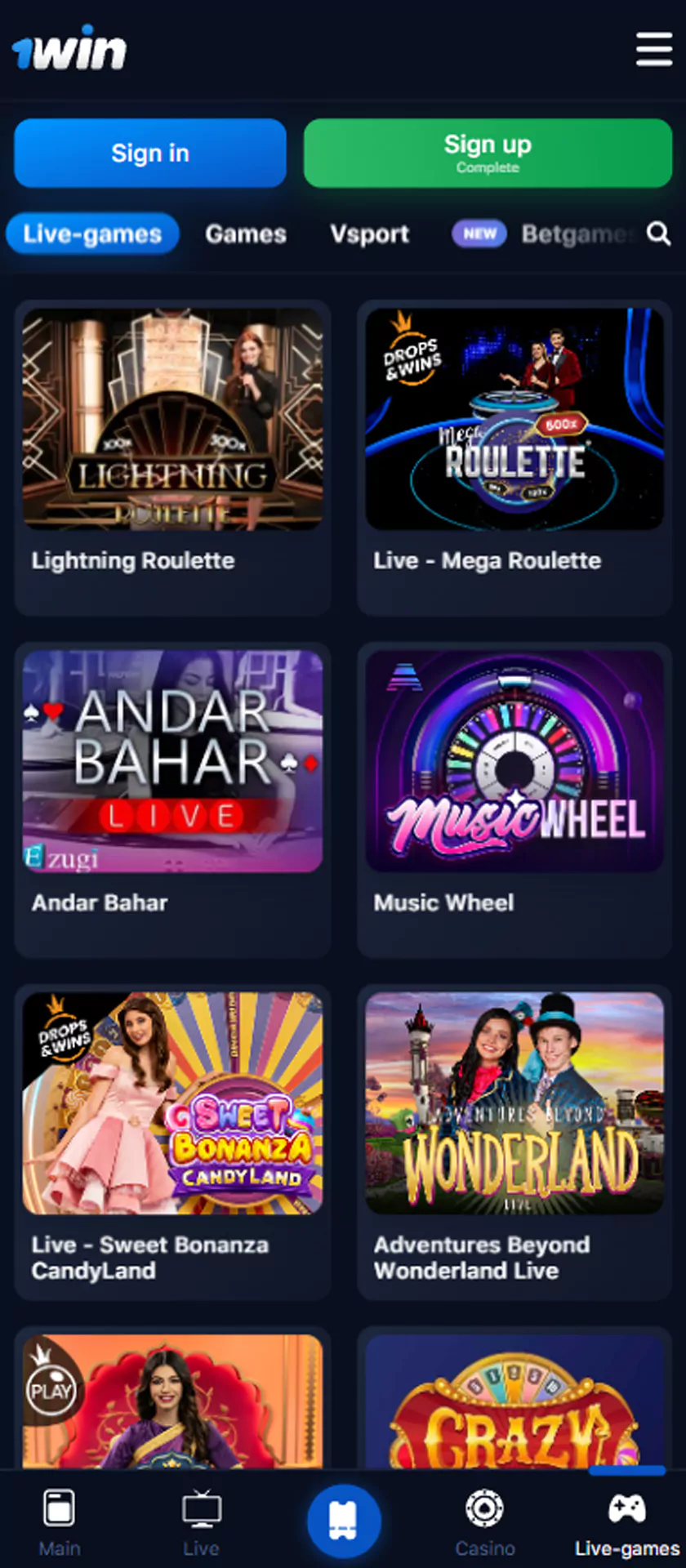 1win app live casino section screenshot.