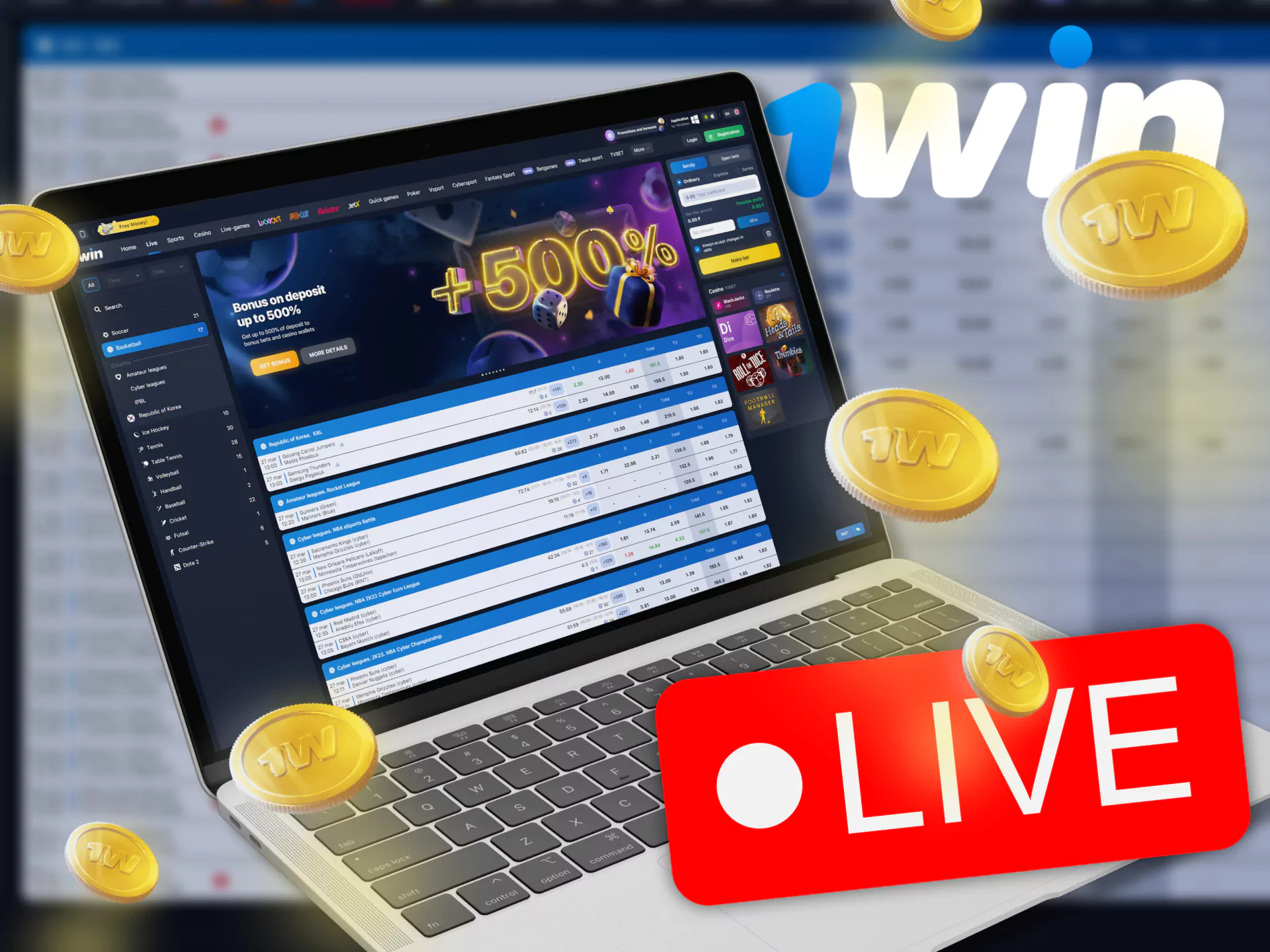 At 1win, you bet on basketball games during live streaming.