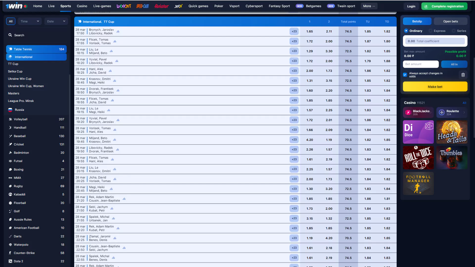 Choose the section where you can bet on table tennis.