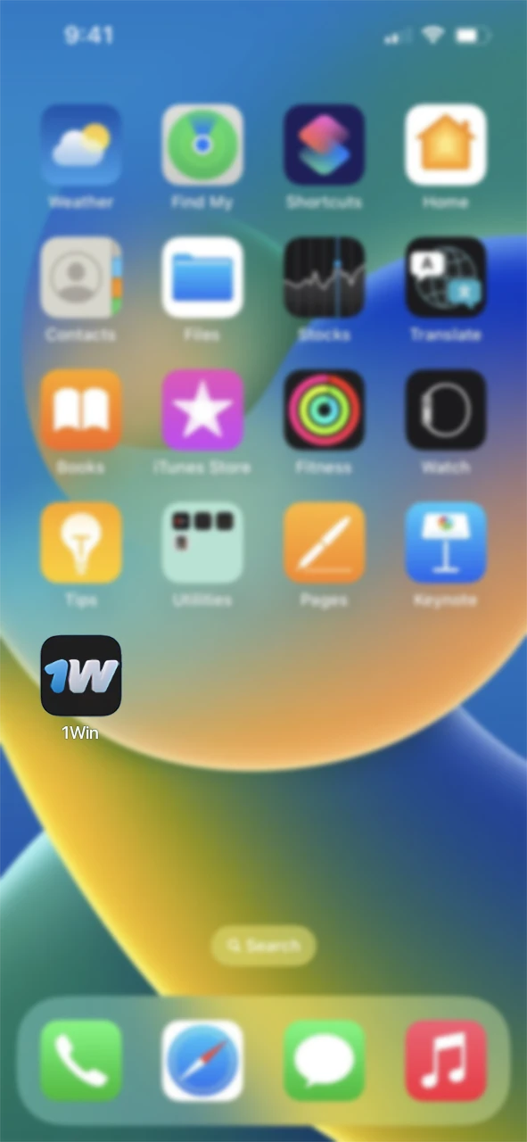 Find the 1Win app shortcut on the homepage of your iOS device.