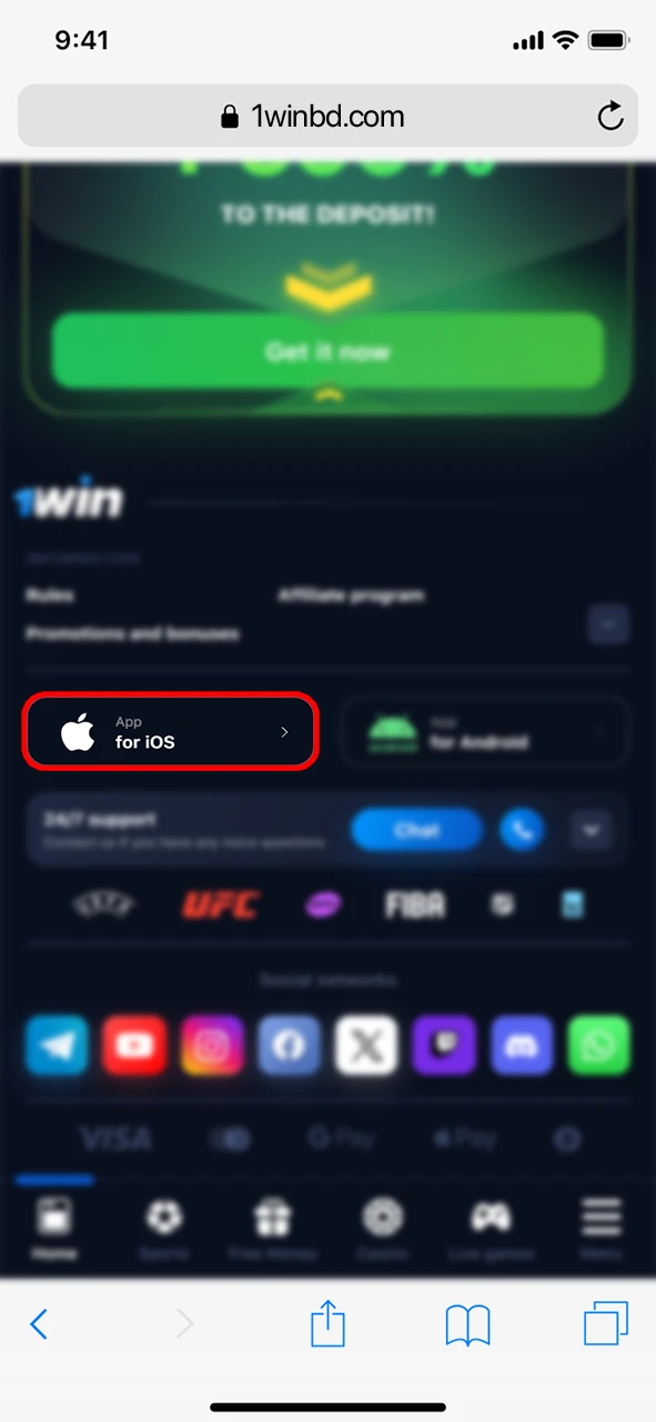 Find the iOS icon at the bottom of the 1Win page.