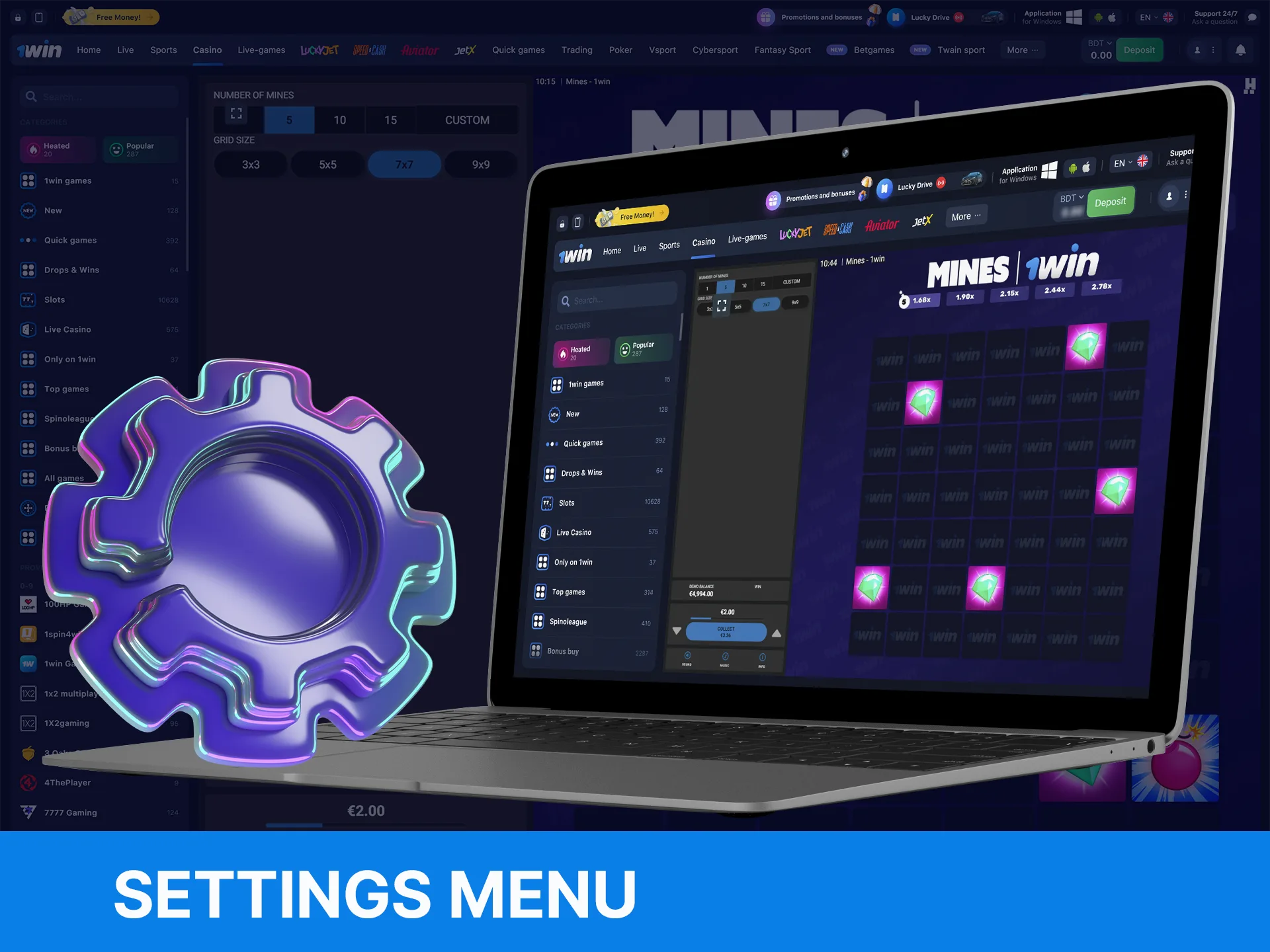 How to find settings menu in the Mines game at 1Win.
